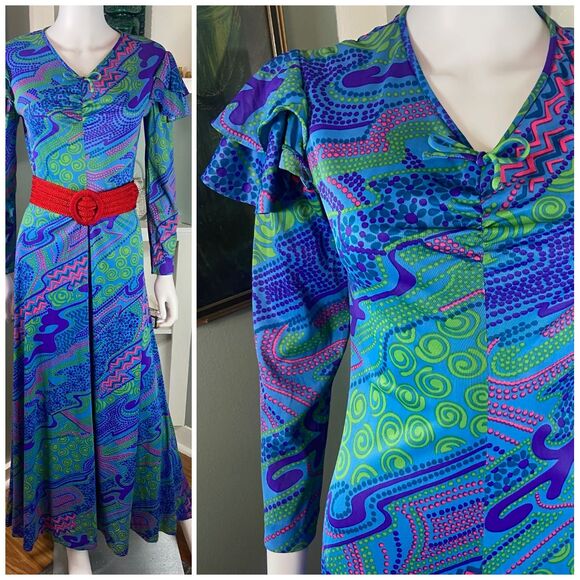 Vintage 70s Gay Gibson Psychedelic Ruffle Flutter Sleeve Maxi Dress Abstract S/M - Picture 1 of 15